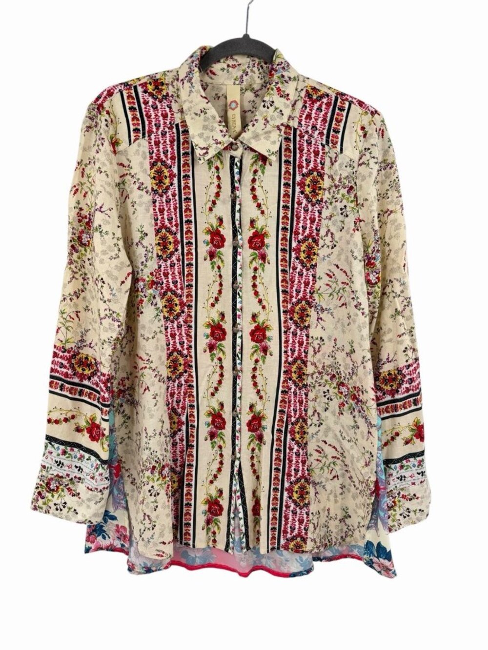 CYRENA ANTHROPOLOGIE Women's Multicolor Mixed Pattern Boho Button Down L/S Top M